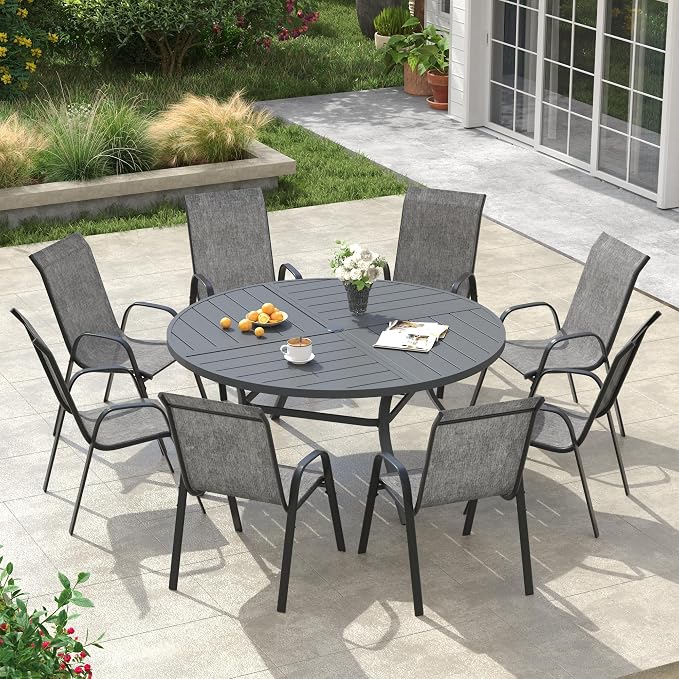 VICLLAX Round Outdoor Patio Dining Set for 8, Metal Slatted Patio Table with Umbrella Hole and 8 Stackable Patio Chairs for Deck Lawn Garden, Grey Fabric and Dark Grey Tabletop