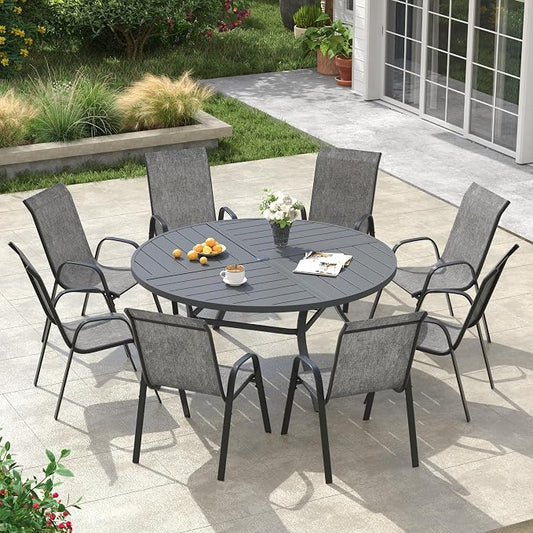 VICLLAX Round Outdoor Patio Dining Set for 8, Metal Slatted Patio Table with Umbrella Hole and 8 Stackable Patio Chairs for Deck Lawn Garden, Grey Fabric and Dark Grey Tabletop