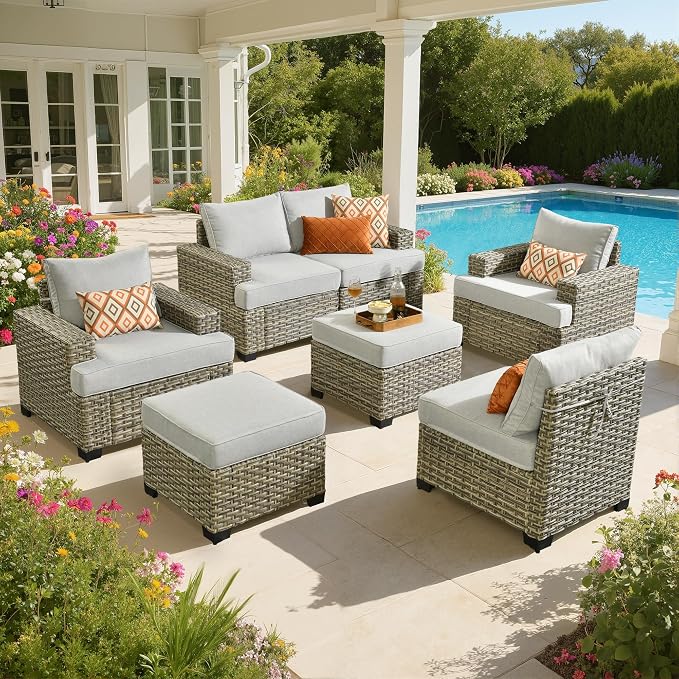Outdoor Sectional Patio Furniture Set,7 Pieces All Weather Rattan Wicker Conversation Sets,Out Door Furniture with Ottoman Single Chair,Light Grey