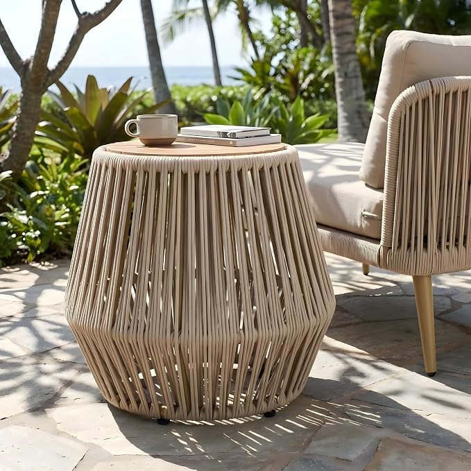 Christopher Knight Home Norshire Outdoor Side Table with Rope Base, Acacia Wood End Table, Round Patio Table, Accent Table for Garden Balcony Poolside and Indoor Use, Garden Stool, Beige+Light Teak
