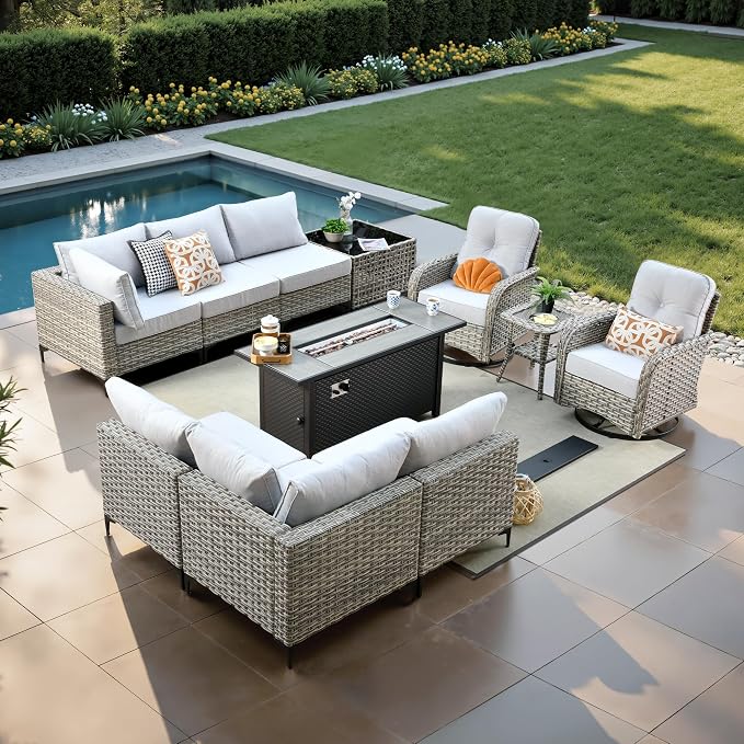 11 Pcs Patio Furniture with Fire Pit Table, Outdoor Rattan Wicker Conversation Set with Glowing Coffee Table, Comfy Sectional Sofa for Porch Balcony Backyard Pool, Light Grey
