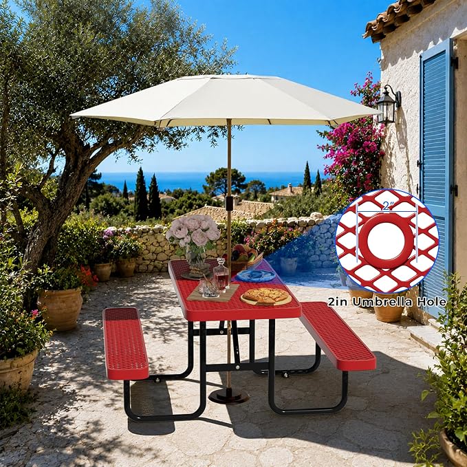 4FT Rectangular Steel Outdoor Picnic Table, Commercial Picnic Table Bench Set with Umbrella Hole, Weather-Resistant Heavy Duty School Dining Table for Stores, Park, Patio, Garden, Backyard, Red