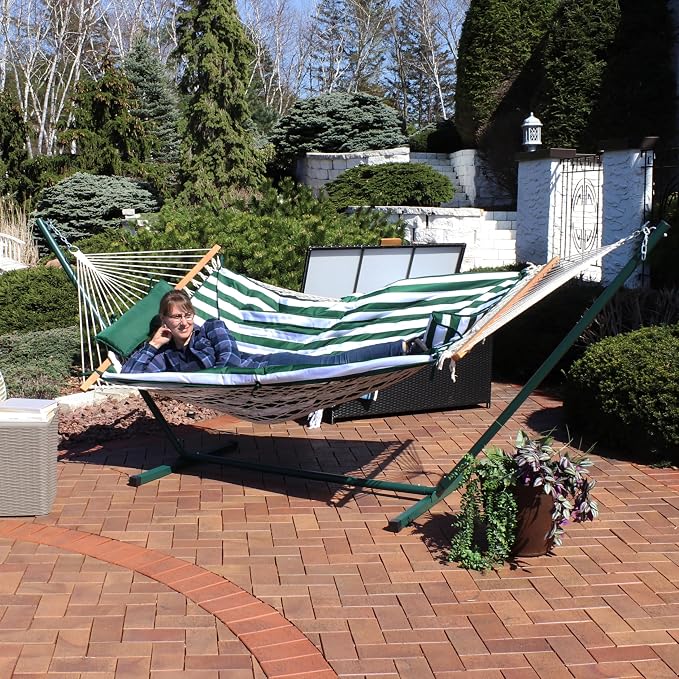 Sunnydaze Rope Double Hammock with Stand for Outside - Heavy Duty Freestanding Portable Outdoor Hammock Set with Quilted Pad, Pillow, and 12-Foot Steel Frame - 450 lb Capacity - Green & White Stripe