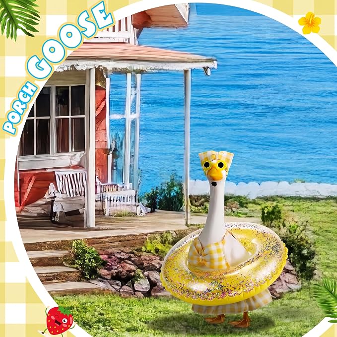Bikini Porch Goose Outfits with Sunglasses and Swimming Tube for 23" Summer Goose Costume Garden Patio Statue Decor(Yellow Plaid)