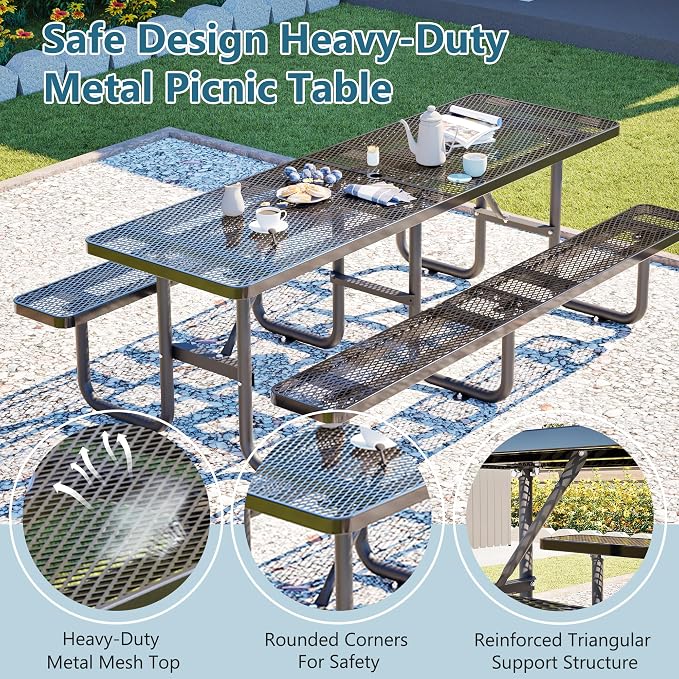96" Heavy Duty Outdoor Picnic Table for 10, Galvanized Steel Frame with Umbrella Hole, 882LBS Capacity, Mesh Top – Picnic Camping Patio Garden Black