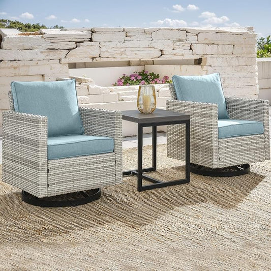 Outdoor Patio Swivel Rocker Chairs - 3 Piece Wicker Patio Furniture Bistro Swivel Rocking Chairs Set with Comfortable Cushions,Sturdy Metal Frame and Side Table for Porch Deck(Light Grey/Sky Blue)