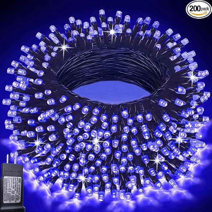 200 LED Blue Christmas Lights Outdoor String Lights, 66 ft | Green Wire Waterproof Twinkle Fairy Lights with Timer, 8 Modes Connectable String Lights Indoor Bedroom Halloween Decorations