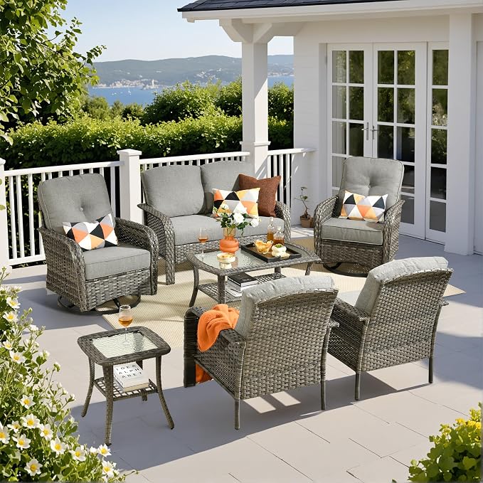 7 Piece Wicker Patio Furniture Set with Swivel Chairs, Dark Gray | High Back Rocking Chair Sofa, Heavy Duty All Weather Rattan Outdoor Conversation Set, Thick Cushion, Balcony Porch Backyard