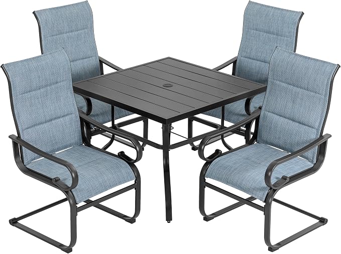NUU GARDEN 5-Piece Outdoor Patio Furniture Dining Set, 37" Square Metal Table with 1.6" Umbrella Hole and 4 Textilene Padded Chairs, All-Weather Dining Set for Backyard, Deck, Garden, Blue