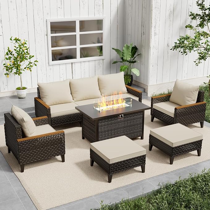 8 Piece Patio Sectional Sofa Set with 50000 BTU Fire Pit Table, All-Weather Wicker Rattan Outdoor Conversation Set, High Back, for Garden, Porch, Poolside, Beige