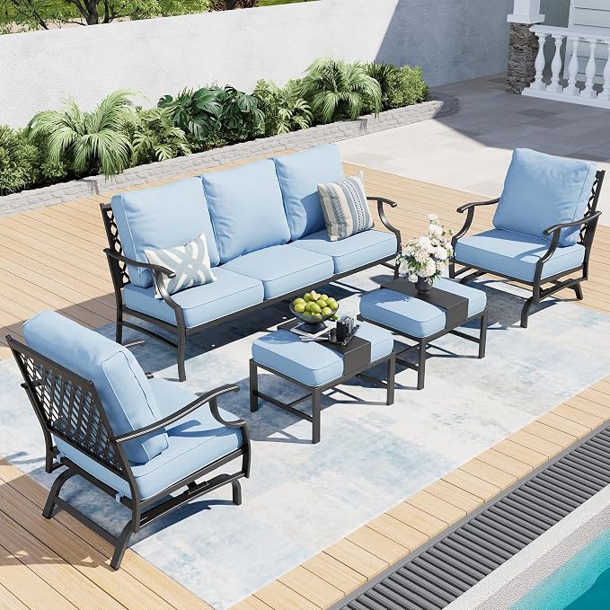 SUNSHINE VALLEY 7 Piece Metal Outdoor Patio Furniture Set, Patio Conversation Sets 3-seater Sofa, 2 Rocking Chair, 2 Ottomans with 5.75" Thick Cushion, Black All-weather Frame Backyard Furniture, Blue