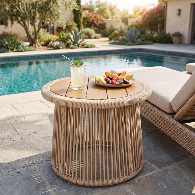 Conical Light Beige Rope Side Table, Teak Finish Acacia Wood Top, 150 lbs Capacity, No Assembly Required, Modern Open-Weave Round Accent Table for Patio Backyard Living Room