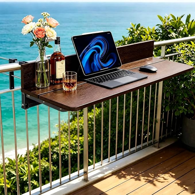 Balcony Bar Table for Railings, Outdoor Hanging Folding Adjustable Height Deck Rail Table for Patio, Garden, Rustproof Aluminum Alloy Frame,Weather Resistant, Easy Assembly