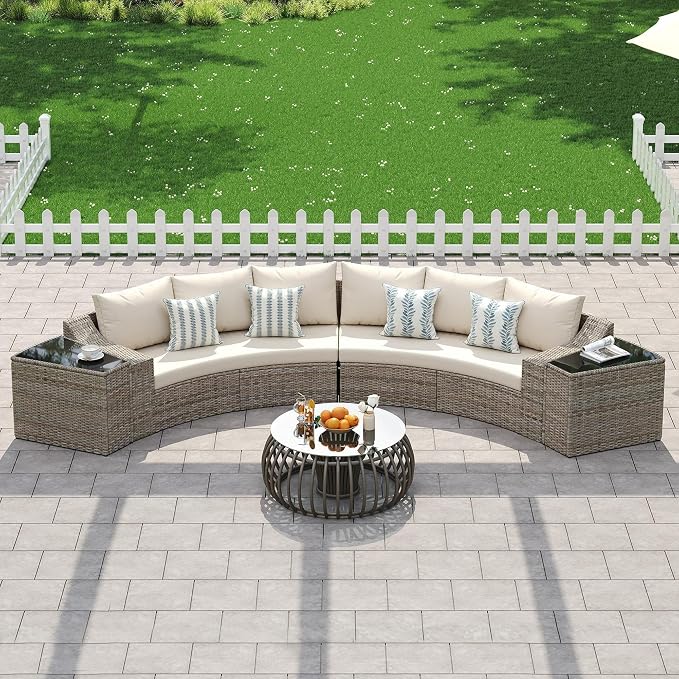 LUXOAK 8-Piece Wicker Patio Furniture Set, Curved Sectional Sofa with 2 Storage Side Tables, All-Weather Outdoor Conversation Set with 6" Armrests & Thick Cushions, for Backyard/Garden/Deck