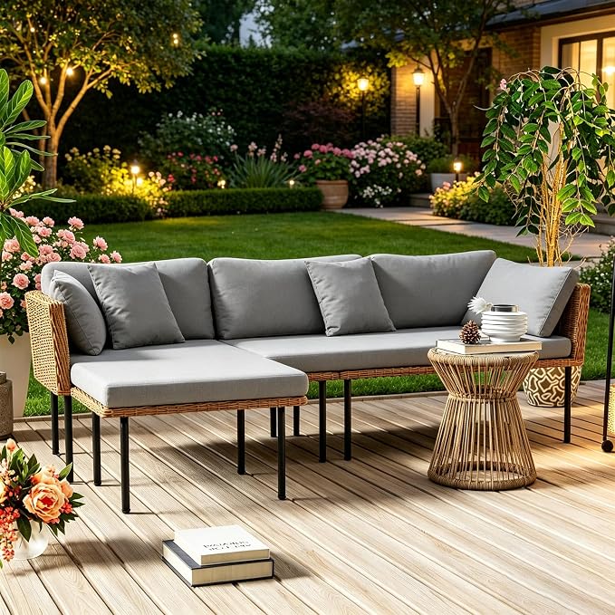 DECMICO 3-Piece Patio Furniture Set, L-Shaped Outdoor Sectional Sofa with Thick Cushions, All-Weather Rattan Conversation Set, Boho Style Detachable 3-Seater Lounger (Charcoal Grey)