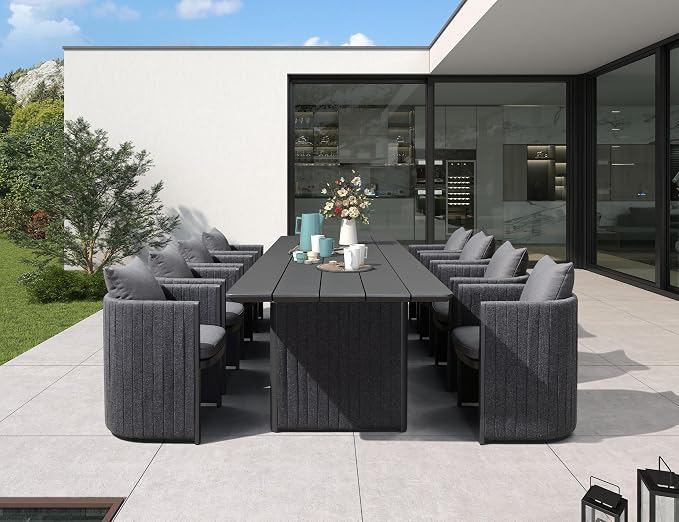 PURPLE LEAF 130-Inch Aluminum Patio Dining Set for Luxury Homeowners, 9-Piece Outdoor Furniture Rectangular Table and Chairs Set with Olefin Cushions and Pillows for Backyard Poolside Hosting Grey