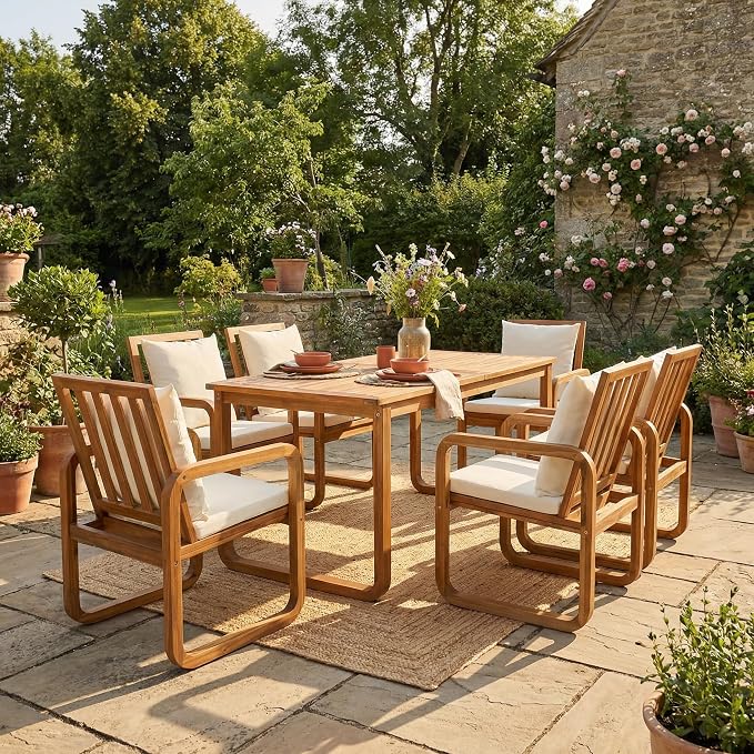 Merax 7 Pieces Patio Dining Set, Outdoor Acacia Wood Furniture for 6, with Table and Removable Cushioned Chairs for Backyard, Beige
