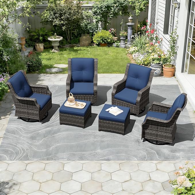 Outdoor Patio Furniture Set, 6 Piece Wicker Patio Furniture with Thick Cushions, Curved Armrest, Deep Seating, Outdoor Swivel Rocker Chairs for Porch, Deck, Balcony