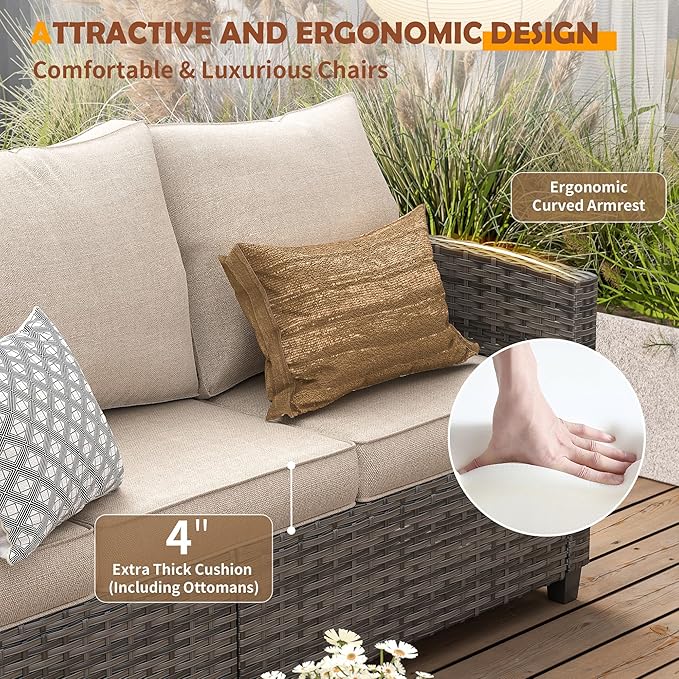 UDPATIO Patio Furniture Set, 6 Pieces Outdoor Sectional Couch, Gray Wicker Rattan Conversation Sofa with Swivel Rocking Chair, 4" Thick Cushion for Garden Backyard Deck, Khaki