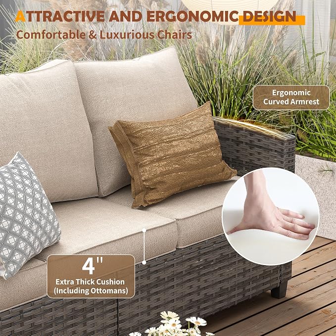 UDPATIO Patio Furniture Set, 5 Pieces Outdoor Sectional Sofa Set, All-Weather Wicker Rattan High Back Outdoor Conversation Set with Ottoman for Poolside, Backyard, Grey Wicker Khaki Cushion