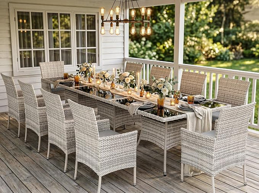 Outdoor Dining Set, 15-Piece Patio Furniture Set with Tempered Glass Table and 12 Cushioned Chairs, Dual-Strand Wicker Rattan, Balcony Furniture for Backyard, Garden, Deck,– Gray