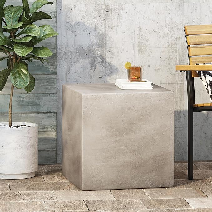 Outdoor Side Table Faux Marble End Table Faux Stone Travertine Small Coffee Table for Indoor Outdoor, Garden Stool Plant Stand for Porch, Backyard Patio 22" Square Grey