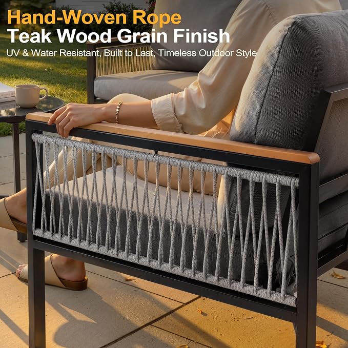 7-Piece L-Shaped Patio Conversation Sets, Hand-Woven Wicker Outdoor Sectional Sofa with Glass Nesting Coffee Table, Weather-Resistant Frame, Removable Cushion for Deck, Porch, Backyard (Gray)