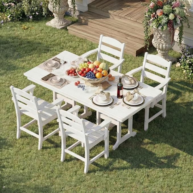HOPUBUY 5 Pieces Patio Dining Set for 4, 71" HDPE All-Weather Patio Table and Chairs Set with Umbrella Hole, Durable Outdoor Furniture Set for Garden, Backyard, Lawn & Poolside (White)
