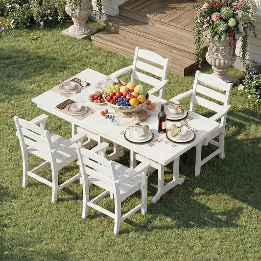 HOPUBUY 5 Pieces Patio Dining Set for 4, 71" HDPE All-Weather Patio Table and Chairs Set with Umbrella Hole, Durable Outdoor Furniture Set for Garden, Backyard, Lawn & Poolside (White)