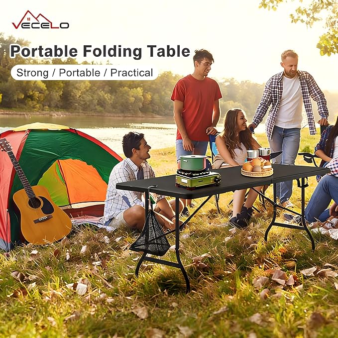 VECELO 6 FT Thick Top Picnic Table with Portable Mesh Bag, Folding Table with Strong Side Support, 500lbs Capacity for Outdoor Camping, Party, Dining - Black