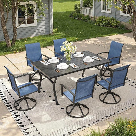 7 Pieces Patio Dining Set, Outdoor Furniture of 70.9" Rectangular Patio Table and Patio Swivel Chairs for Backyard Lawn Garden, Black Table and Dark Blue Chairs