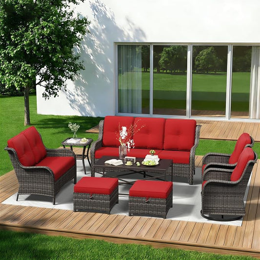 8 Piece Outdoor Wicker Patio Furniture Set, Outdoor Swivel Rocker Patio Chairs Set with Thickened Olefin Cushions, High Back and Deep Seating, Hand-Woven PE Rattan for Porch, Deck