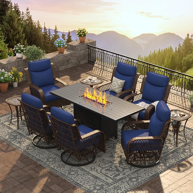 PIZZELLO 10 Piece Patio Set with 60" Propane Fire Pit Table | 6Pcs Outdoor Swivel Rocker Chairs with 3 Side Tables and Aluminum Gas Fire Table
