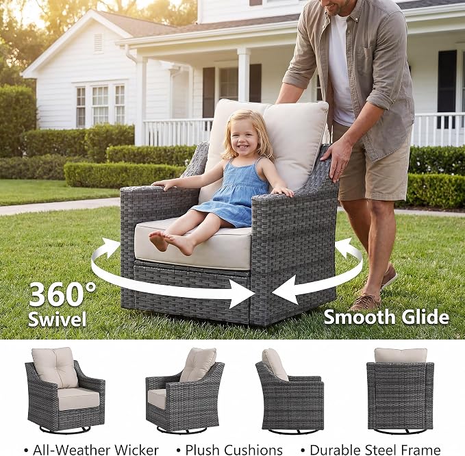 3 Pieces Patio Furniture Set with 6" Thick Cushions, All Weather Outdoor Wicker Swivel Rocker Chairs Set of 2 with Table for Porch Yard Deck