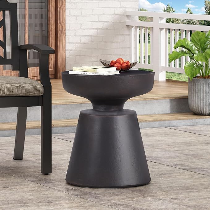 Outdoor Side Table Round Hourglass Side Table Patio Faux Stone End Table, Concrete Tables, Garden Stool Plant Stand for Porch, Backyard, Black & Copper