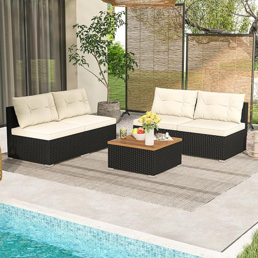 5 Pieces Patio Furniture Set, Outdoor Sectional Sofa with Acacia Wood Coffee Table & Cushions, Wicker Patio Conversation Set for Porch, Deck, Balcony, Poolside & Backyard (Off White)