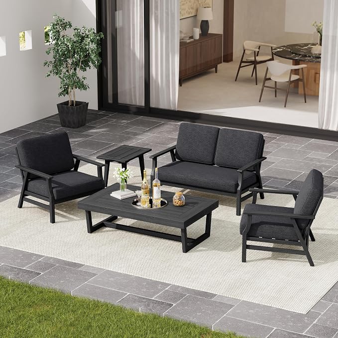 4 Pieces Patio Furniture Sets, Black Wood Outdoor Sectional Furniture with Coffee Table, 4 Seats Patio Sofa Couch Conversation Set for Backyard Deck - Dark Gray