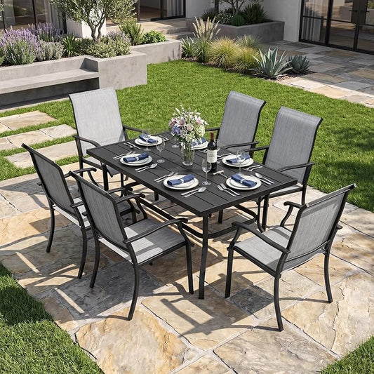 NUU GARDEN 7-Piece Patio Dining Set for 6, Outdoor Dining Table Set with Breathable Textilene Chairs, Weather-Resistant Metal Table with Umbrella Hole for Garden Poolside, Gray and Black