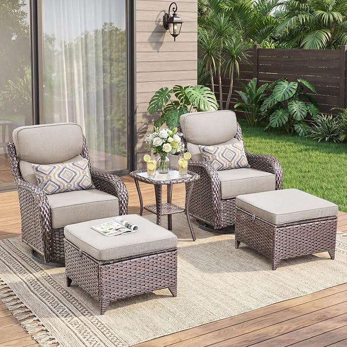 Luxury 5 Pieces Patio Furniture Set-Outdoor Swivel Rocker Patio Chairs with 6" Thick Cushions, Swivel Rocker Chairs with Ottomans & Side Table, Outdoor Conversation Sets for Porch Deck(Brown/Beige)