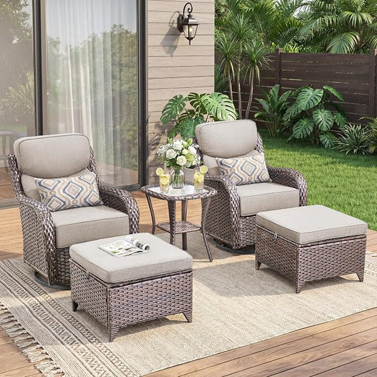 Luxury 5 Pieces Patio Furniture Set-Outdoor Swivel Rocker Patio Chairs with 6" Thick Cushions, Swivel Rocker Chairs with Ottomans & Side Table, Outdoor Conversation Sets for Porch Deck(Brown/Beige)