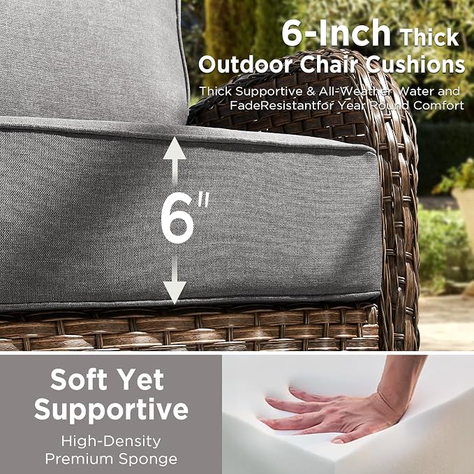 8 Pieces Luxury Outdoor Patio Furniture Set with 6-Inch Thick Cushions, Wicker Outdoor Furniture with High Back Swivel Patio Chairs Set of 4, Patio Conversation Set for Deck Garden Porch, Gray