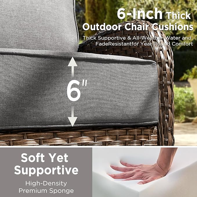 Luxury Outdoor Patio Furniture Set with 6-Inch Thick Cushions, 7 Pieces Wicker Outdoor Furniture with High Back Swivel Patio Chairs Set of 2, Outdoor Conversation Set for Deck Garden Porch, Gray