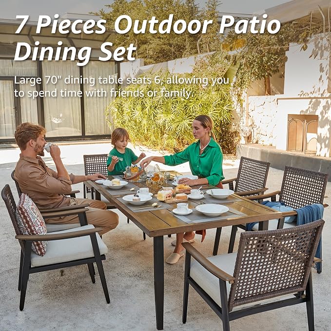 NATURAL EXPRESSIONS 7 Piece Patio Dining Set for 6,Rattan Wicker Swivel Patio Dining Chairs with Cushions,Aluminum Woodgrain Armrest, 65" Large Dining Table with Umbrella Hole for Yard, Garden,Pool