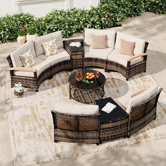 MEISSALIVVE 9-Piece Half-Moon Curved Outdoor Patio Furniture Set, Sectional Conversation Sofa with Wood Armrests, Coffee & Side Tables for Backyard Deck Garden,Beige