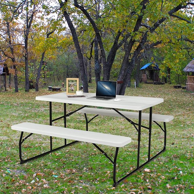 Giantex 4.5 FT Folding Picnic Table Bench Set- Outdoor Dining Set for 4-6 Persons w/All-Weather HDPE Tabletop, Metal Leg, Large Outside Dining Table for Lawn Patio Garden Yard Poolside, White