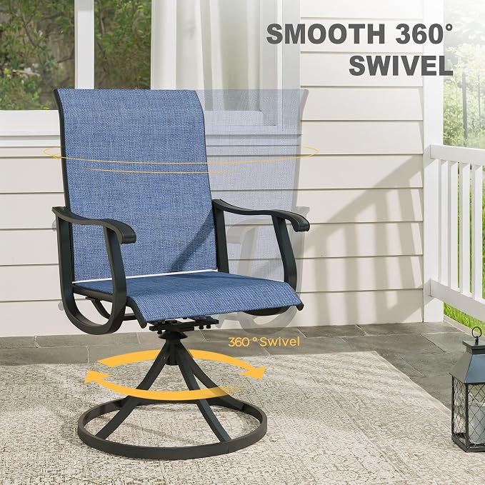 VICLLAX Patio 7 Pieces Outdoor Dining Set, 47.2" Round Metal Table with Umbrella Hole and Storage Shelf, 6 Swivel Textilene Chairs for Lawn, Garden, Porch, Black/Dark Blue