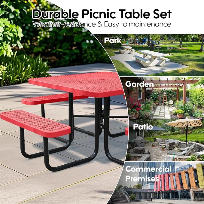 46" Square Picnic Table for Outside,Red Heavy Duty Metal Picnic Table Bench Set with 2in Umbrella Hole, 1600 lb Capacity,Commercial Dining Table Furniture for Garden Yard Patio Party Coffee Shop