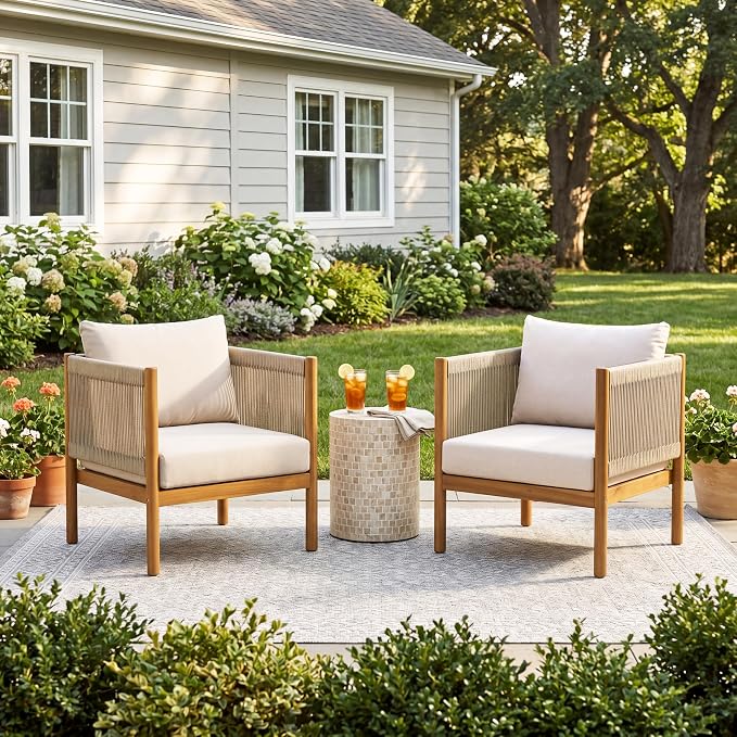 Merax 2 Piece Outdoor Club Chair with Acacia Wood Frame in Teak Look, Beige Rope Panels & Cream Water-Repellent Cushions for Patio & Garden
