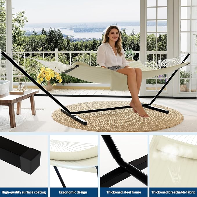 TrailBlaze Double Hammock with Stand and Pillow for 2 Persons – Large Freestanding Outdoor Hammock, 450 lbs Capacity – Wooden Spreader Bar, Balance Rope & Chains – Patio, Garden, Poolside – Offwhite