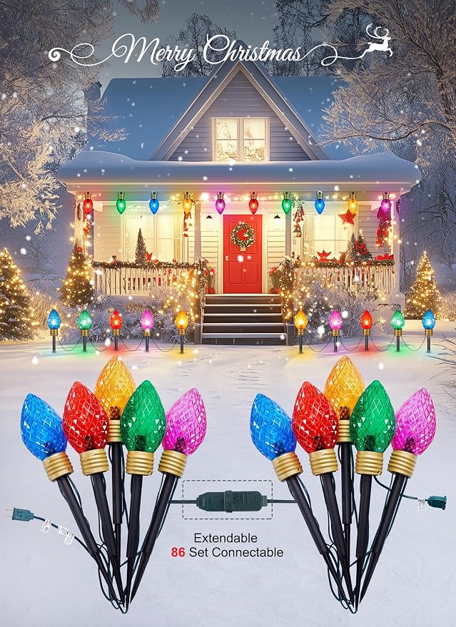 2 Pack Strawberry Jumbo C9 Christmas Pathway Lights Outdoor, Total 17FT | 10 LED C9 Walkway Light, Multicolor Bulb Holiday Pathway Light, Connectable Christmas Lights Outdoor Decoration for Lawn Yard